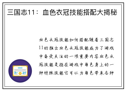 三国志11：血色衣冠技能搭配大揭秘